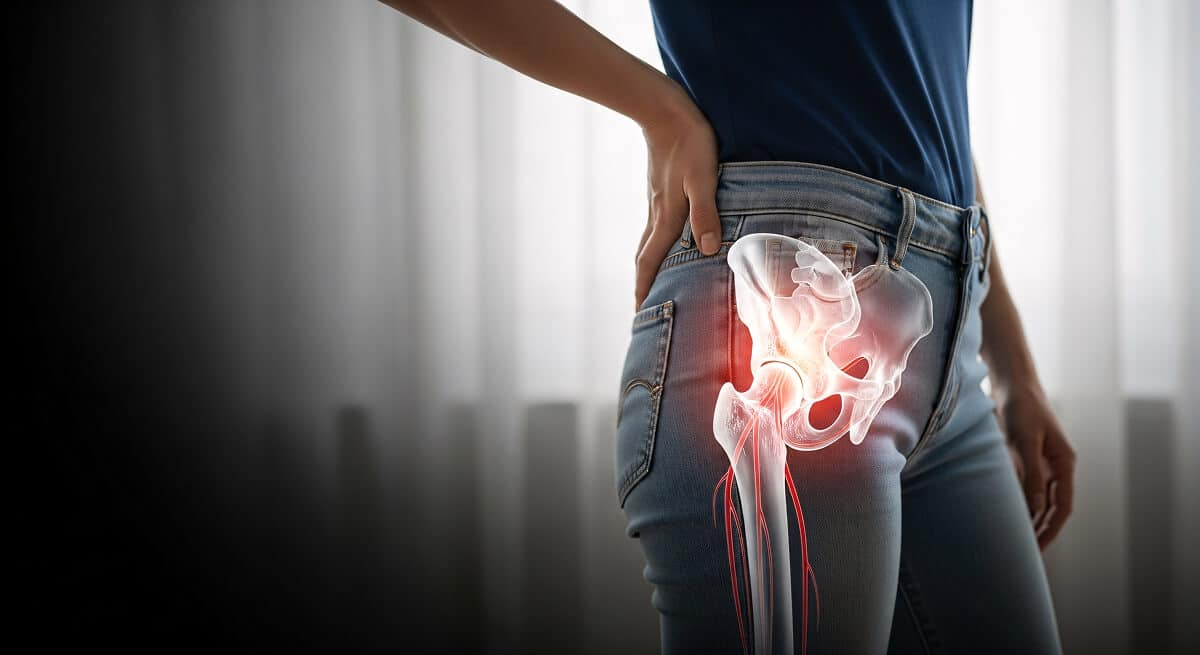 Woman holding her hip while experiencing sciatica pain during recovery – Spire Orthopaedic Centre Woman holding her hip while experiencing sciatica pain during recovery - Spire Orthopaedic Centre